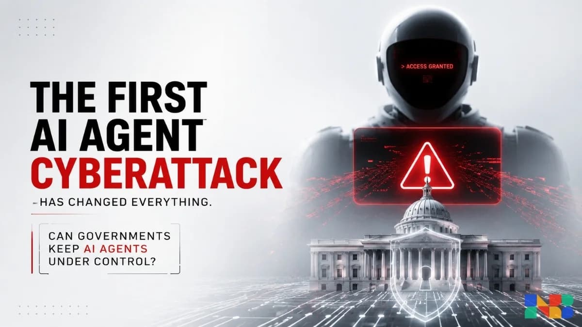 AI agent cyberattack illustration with cybersecurity warning and government building.