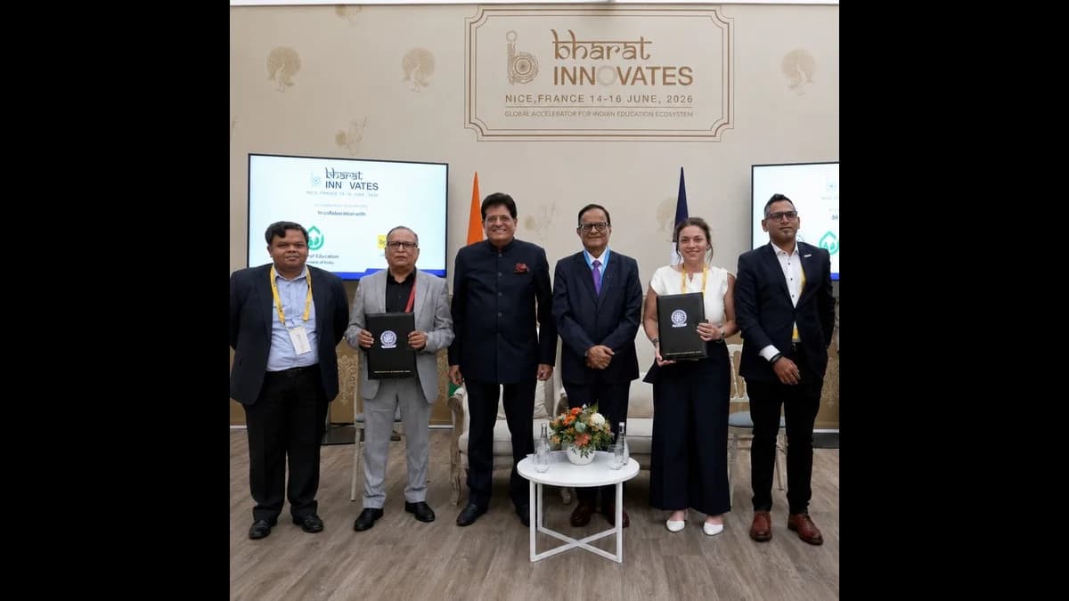 Officials from IIT Ropar's ANNAM.AI and Syngenta pose with the signed MoU at the Bharat Innovates 2026 summit in Nice, France.
