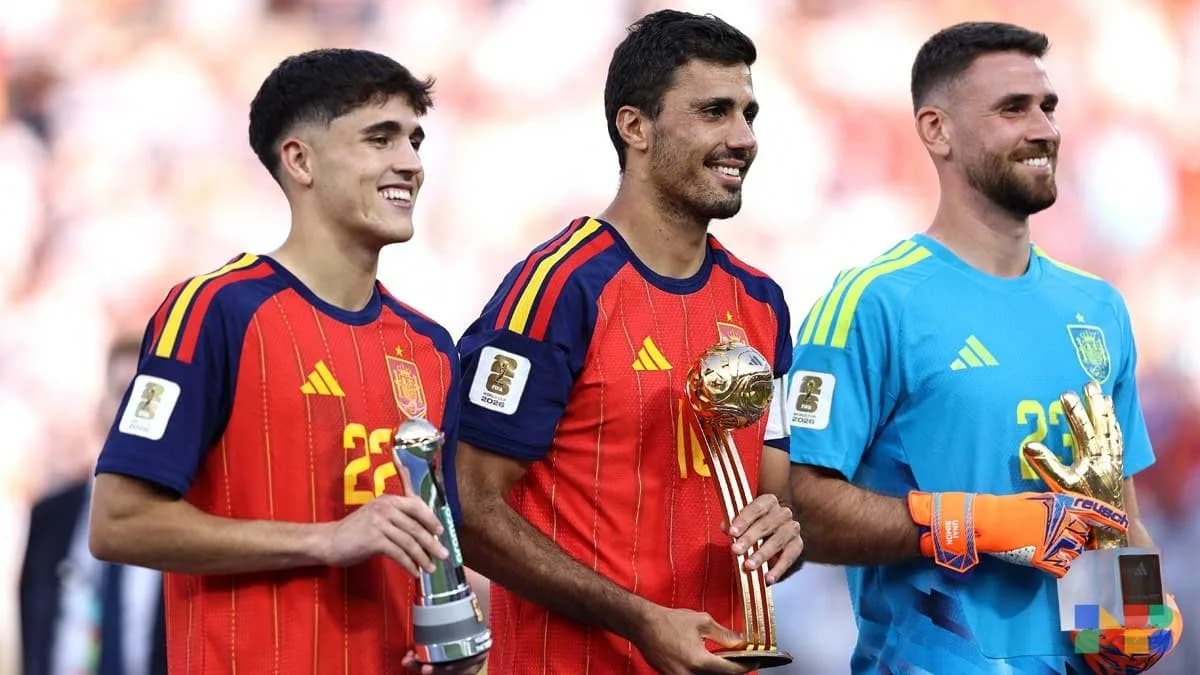 Rodri celebrates after winning the FIFA World Cup 2026 Golden Ball as Spain defeat Argentina in the final.