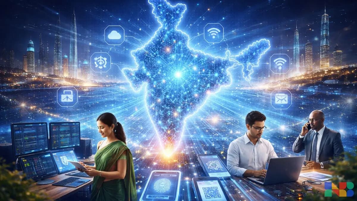 A futuristic illustration of India at the center of a glowing digital network, with the country’s map illuminated in blue and radiating data connections outward.