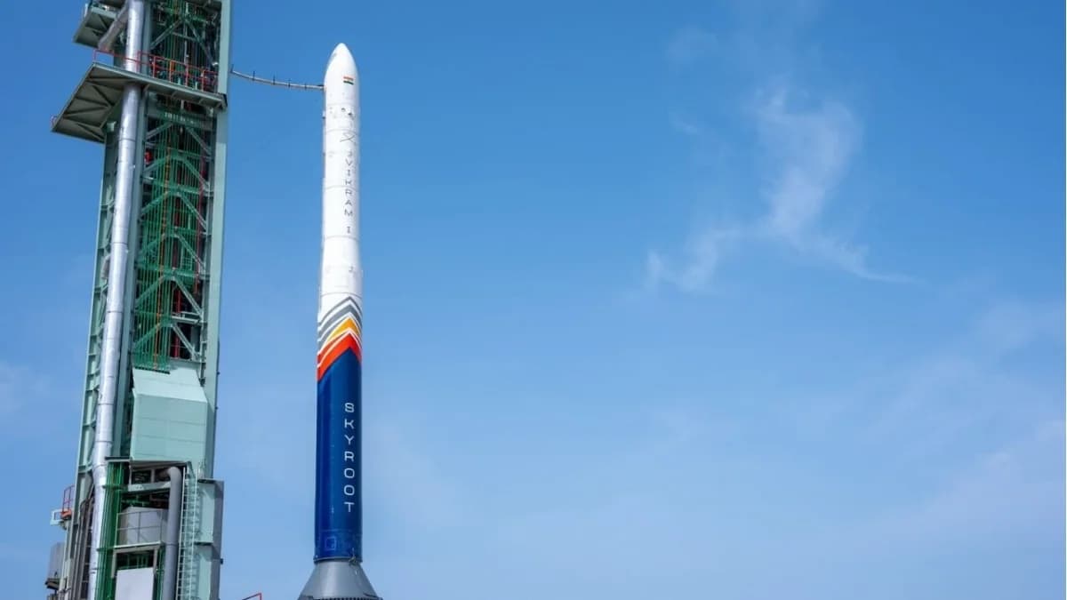 Skyroot Aerospace Vikram-1 rocket on the launch pad at Satish Dhawan Space Centre, Sriharikota