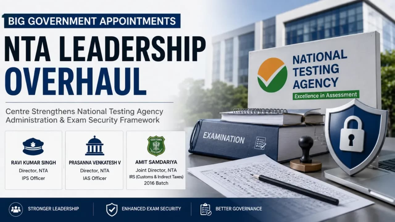 NTA leadership appointments infographic showing Ravi Kumar Singh, Prasanna Venkatesh V, and Amit Samdariya