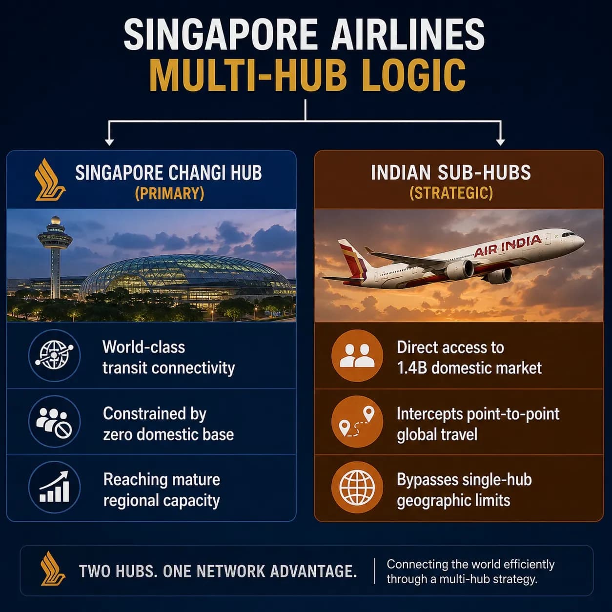 Singapore Airlines multi-hub strategy infographic comparing Singapore Changi as the primary hub with strategic Indian sub-hubs providing access to India's 1.4 billion domestic market.