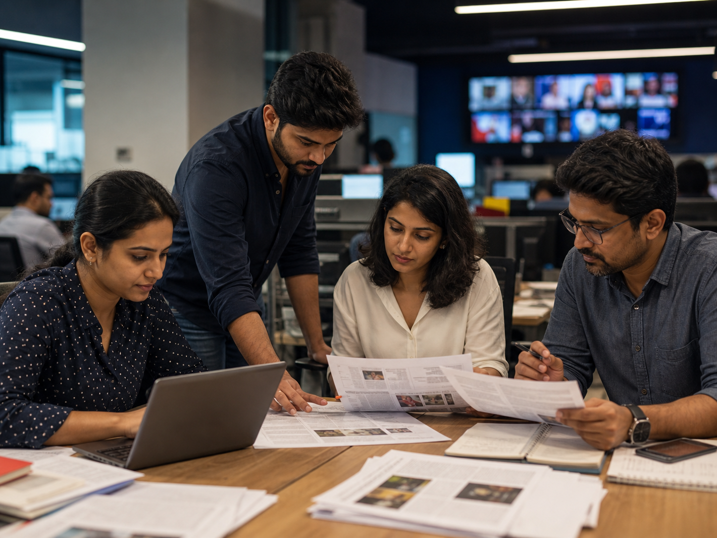 Indian editorial team collaborating around a newsroom desk